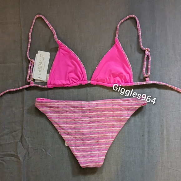 L*Space Brittany Camacho Bikini Set Electric Pique Pink Stripe - Picture 2 of 13